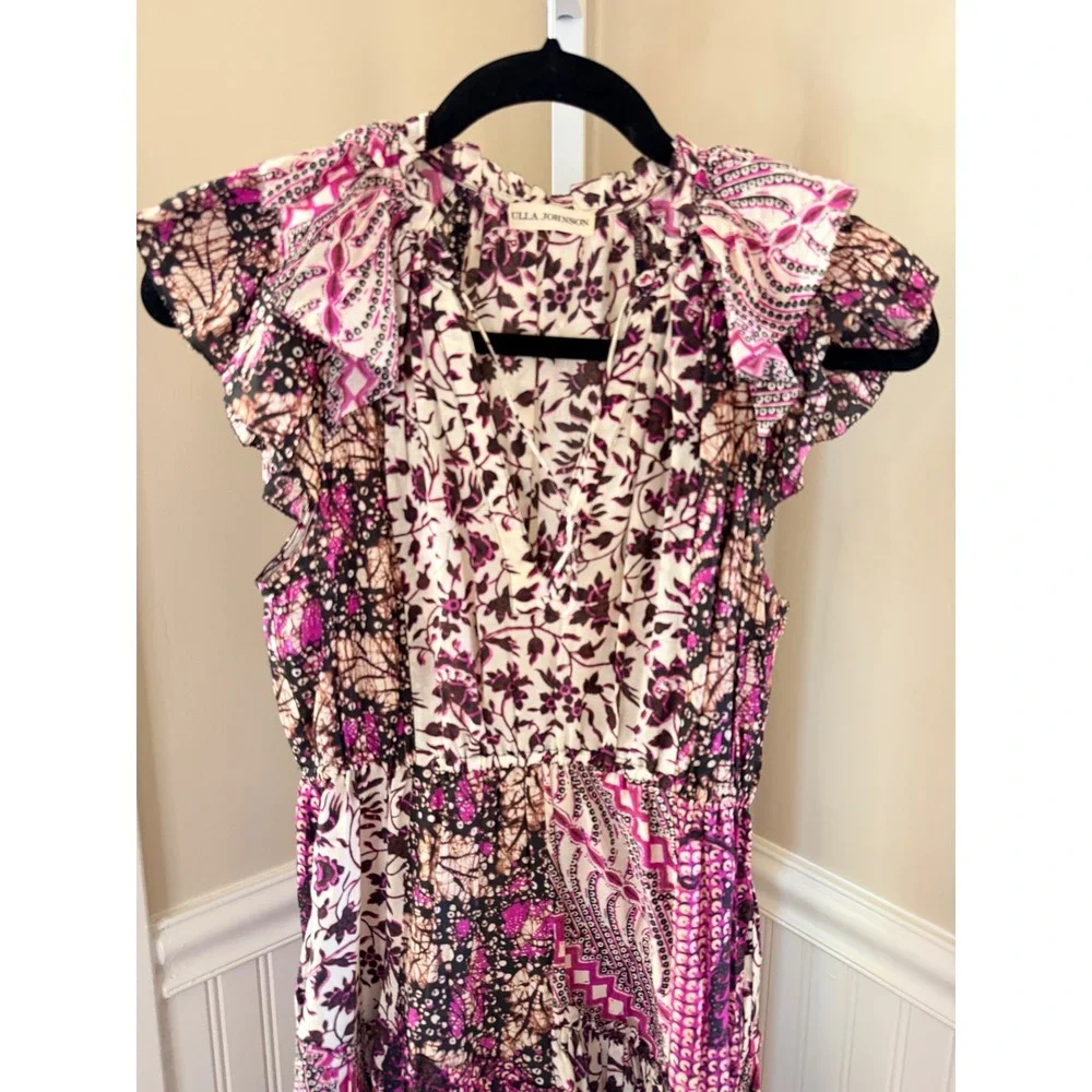 Ulla Johnson Asis Midi Dress Cotton Silk Batik Floral Tiered Purple Fuchsia 0